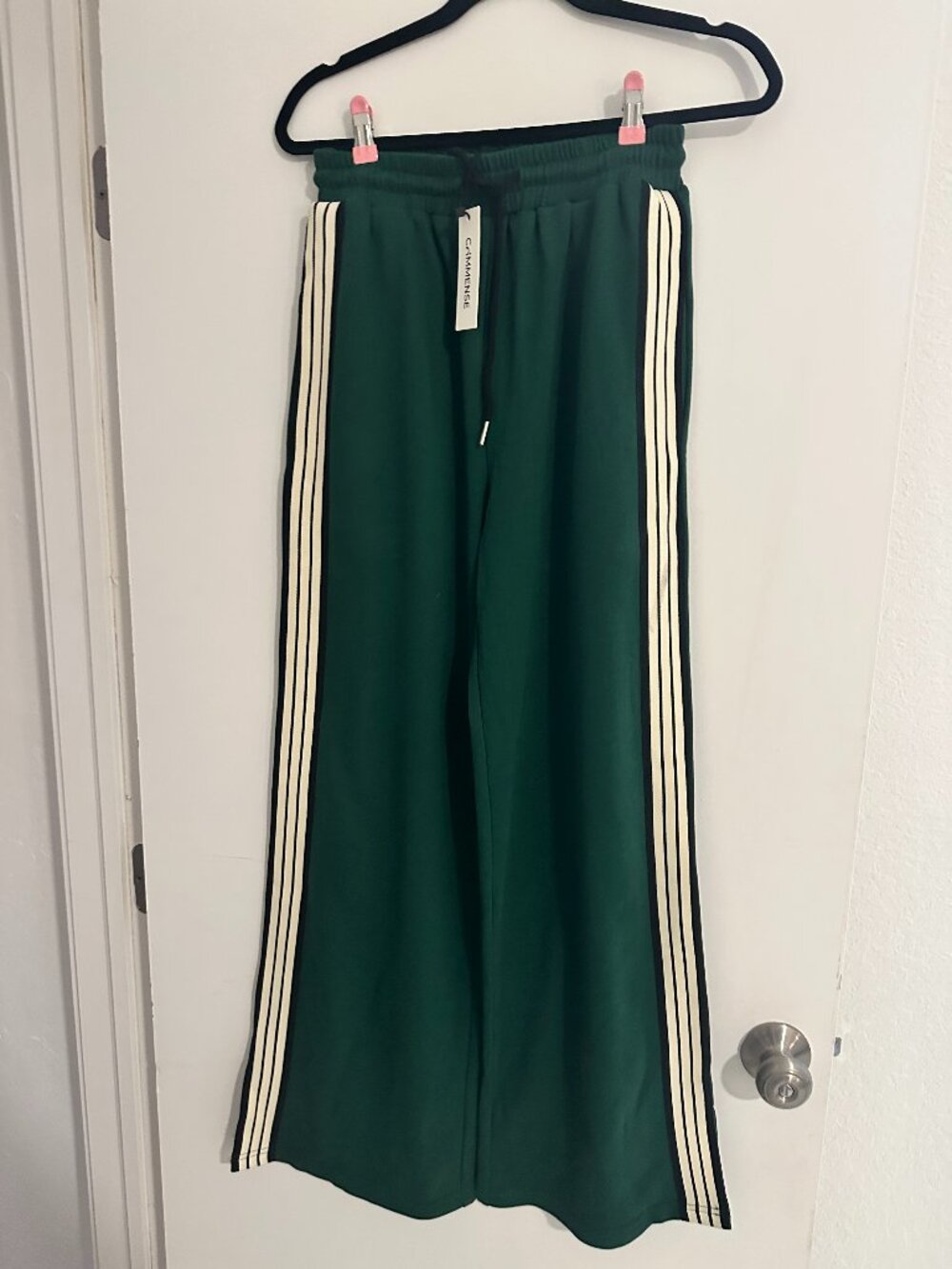 COMMENSE Green Side Stripe Wide Leg Pants Black White Stripe Small NWT